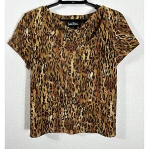 Vintage Jamie Brooke Top Size 12 Animal Print Polyester Short Sleeve Draped Neck